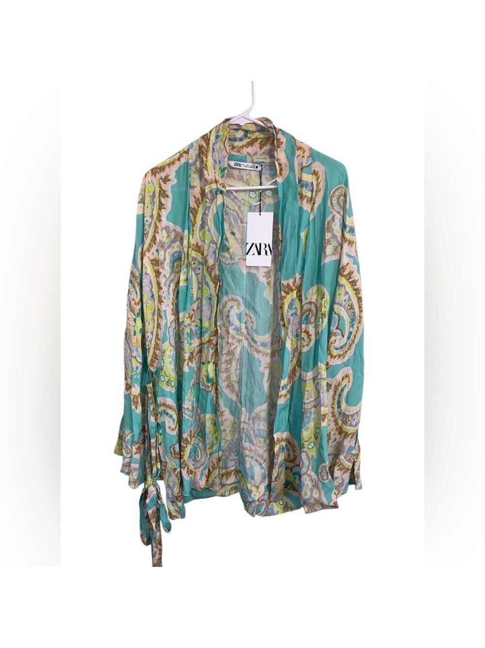 NWT Zara blue green printed bloggers favorite belted kimono Large